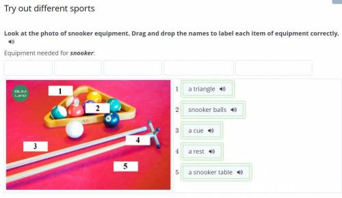 Look at the photo of snooker equipment. Drag and drop the names to label each item of equipment corr