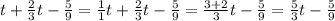 t+ \frac{2}{3} t- \frac{5}{9} = \frac{1}{1} t + \frac{2}{3} t - \frac{5}{9} = \frac{3 + 2}{3} t - \frac{5}{9} = \frac{5}{3} t - \frac{5}{9}