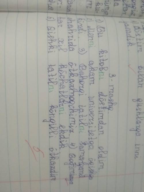 3- mashq. Nuqtalar o'rniga mos qo'shimchalarni qo'yib, gap- larni to'ldiring. 1. Bu kitob... (-dan,