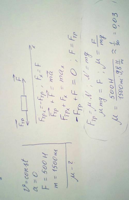 По дороге едет автомобиль с постоянной скоростью m=1500кг, сила тяги f=500H. Найдете коэффициент тре