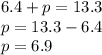 6.4+p=13.3\\p=13.3-6.4\\p=6.9\\