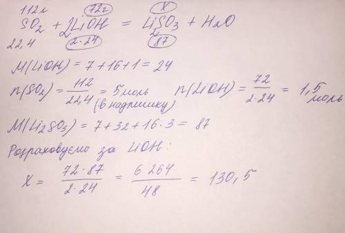 Визначити тип і масу солі, що утвориться при взаємодії сульфур(IV) оксиду об’ємом 112 л і літій гідр