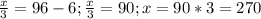 \frac{x}{3} =96-6; \frac{x}{3} =90; x=90*3=270