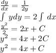 \frac{dy}{dx} = \frac{1}{2y} \\\int\limits \: ydy = 2\int\limits \: dx \\ \frac{ {y}^{2} }{2} = 2x + C \\ {y}^{2} = 4x + 2C \\ {y}^{2} = 4x + C