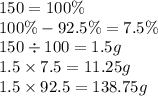 150 = 100\% \\ 100\% - 92.5\% = 7.5\% \\ 150 \div 100 = 1.5g \\ 1.5 \times 7.5 = 11.25g \\ 1.5 \times 92.5 = 138.75g