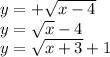 y = + \sqrt{x - 4} \\ y = \sqrt{x} - 4 \\ y = \sqrt{x + 3} + 1