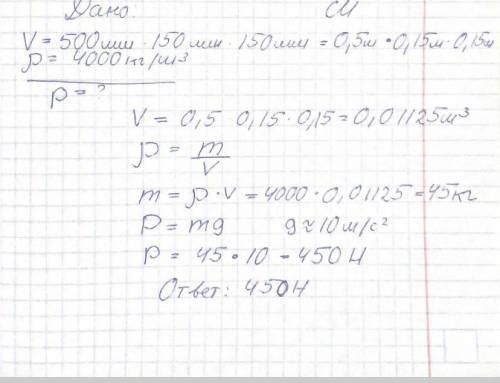 Определит вес соснового бруска, размером 500мм*150мм*150мм. (плотность сосны 4000 кг/м^3)​