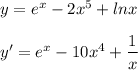 y=e^{x}-2x^5+lnx\\\\y'=e^{x}-10x^4+\dfrac{1}{x}