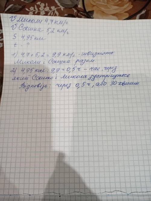 швидкість Миколи 4,7 км/год , а Сашка 5,2 км /год .Визнач через скільки годи вони зустрінуться , якщ