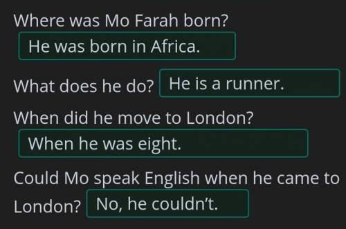 Read the text and click the correct answer. Where was Mo Farah born? What does he do? When did he mo