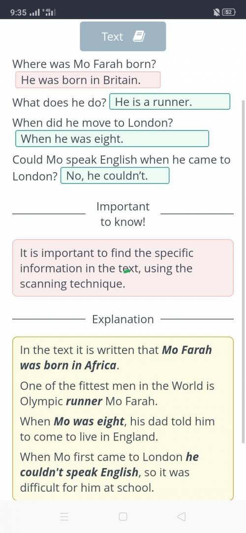 Read the text and click the correct answer. Where was Mo Farah born? What does he do? When did he mo