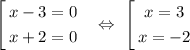 $\left[\begin{gathered}x - 3 = 0\\x + 2 = 0\end{gathered}\ \ \ \Leftrightarrow\ \left[\begin{gathered}x = 3\\x = -2\end{gathered}