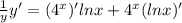 \frac{1}{y} y' = (4^x)'lnx +4^x(lnx)'