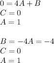 0 = 4A + B \\ C= 0 \\ A = 1 \\ \\ B = - 4A= - 4 \\ C= 0 \\ A= 1