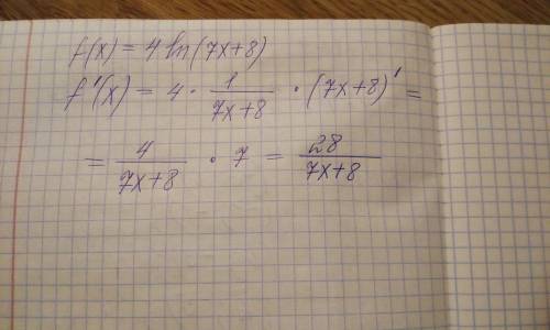 с алгеброй! Вычислите производную функции f(x) = 4 ln(7x + 8)