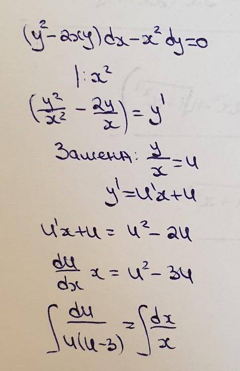 Общее решение дифференциального уравнения 1.(y^(2)-2xy)dx-x^(2)dy=0; 2. Siny cos xdy= cosy sin xdx