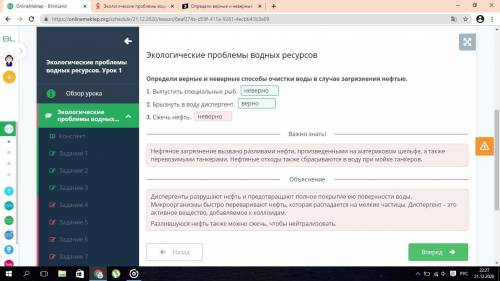 Определи верные и неверные очистки воды в случае загрязнения нефтью. 1. Выпустить специальных рыб.