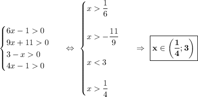 \begin{equation*}\begin{cases}6x - 1 0\\9x + 11 0\\3 - x 0\\4x - 1 0\end{cases}\end{equation*}\ \ \ \Leftrightarrow\ \begin{equation*}\begin{cases}x \dfrac{1}{6}\\\\x -\dfrac{11}{9}\\\\x < 3\\\\x \dfrac{1}{4}\end{cases}\end{equation*}\ \ \ \Rightarrow\ \boxed{\bf{x\in \left(\dfrac{1}{4}; 3\right)}}