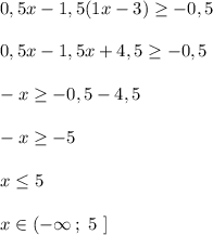 0,5x-1,5(1x-3)\geq -0,5\\\\0,5x-1,5x+4,5\geq -0,5\\\\-x\geq -0,5-4,5\\\\-x\geq -5\\\\x\leq 5\\\\x\in (-\infty \, ;\ 5\ ]