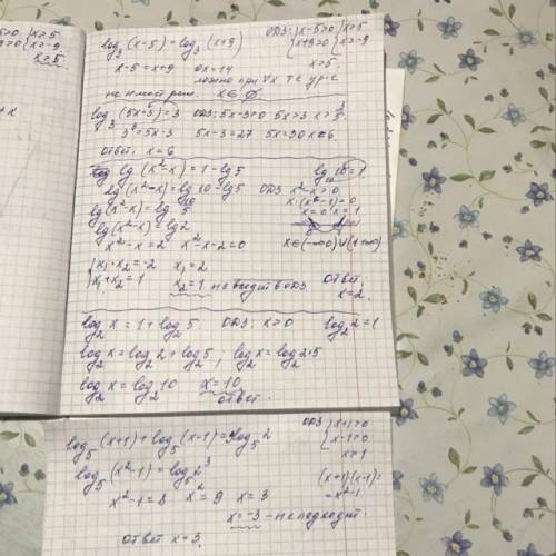 Log3(x-5)=log3(x+9) log3(5x-3)=3 lg(x^2-x)=1-lg5 log2 x=1+log2 5 log5(x+1) + log5 (x-1) =3log5 2