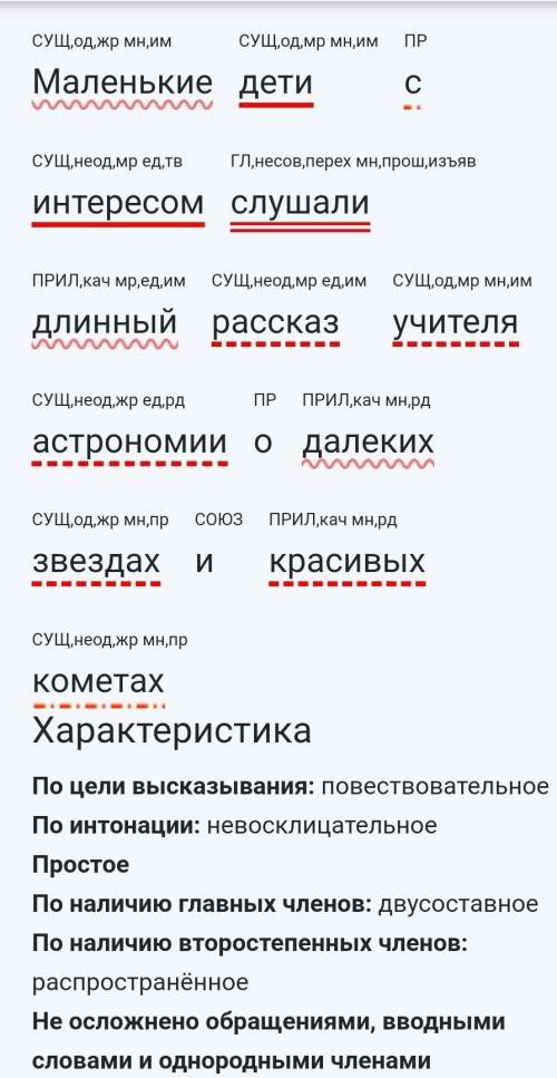 Выполните синтаксический разбор простого предложения. Маленькие дети с интересом слушали длинный рас