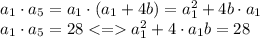 a_1 \cdot{a_5}=a_1 \cdot{(a_1 + 4b)} = a_1^{2} +4b \cdot a_1 \\ a_1 \cdot{a_5}=28 < = a_1^{2} +4 \cdot a_1b = 28