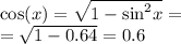 \cos(x) = \sqrt{1 - { \sin}^{2} x} = \\ = \sqrt{1 - 0.64} = 0.6