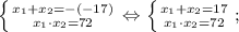 \left \{ {{x_{1}+x_{2}=-(-17)} \atop {x_{1} \cdot x_{2}=72}} \right. \Leftrightarrow \left \{ {{x_{1}+x_{2}=17} \atop {x_{1} \cdot x_{2}=72}} \right. ;