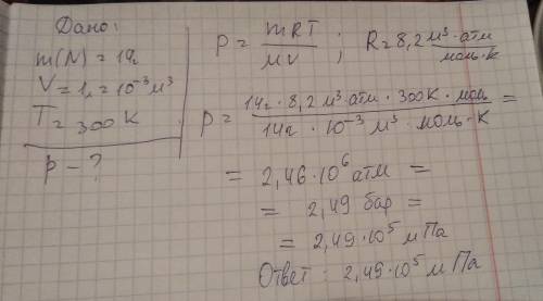 При якому тиску 14 г нітрогену займе об'єм 1 л, якщо температура 300 K?