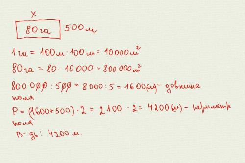 Розв’яжіть задачу. Поле прямокутної форми має ширину 500 м і площу 80 га. Обчислити периметр поля.