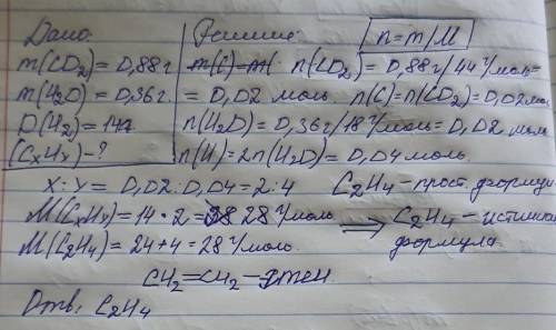 Задача по химии. Дано: CxHy-? m(CO2)= 0,88 г m(H2O)=0,36 г D(H2)=14г