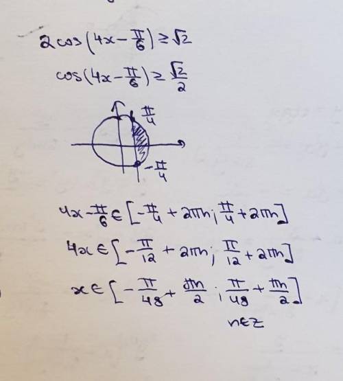 Решите неравенство 2cos(4x- pi/6)>2 в корне с полным решением