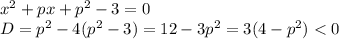 x^2 +px +p^2-3 = 0\\D = p^2 -4(p^2-3) = 12-3p^2 = 3(4-p^2) < 0\\