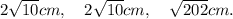 2\sqrt{10} cm, \quad 2\sqrt{10} cm, \quad \sqrt{202} cm.