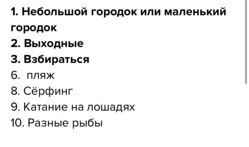 3. Translate: 1. small town2. weekend-5. visit6. beach3. surfing9 horse riding10. different fish​