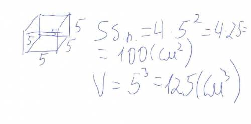 Знайти бічну поверхню і обєм куба з ребром 5м