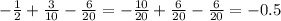 - \frac{1}{2} + \frac{3}{10} - \frac{6}{20} = - \frac{10}{20} + \frac{6}{20} - \frac{ 6}{20} = - 0.5