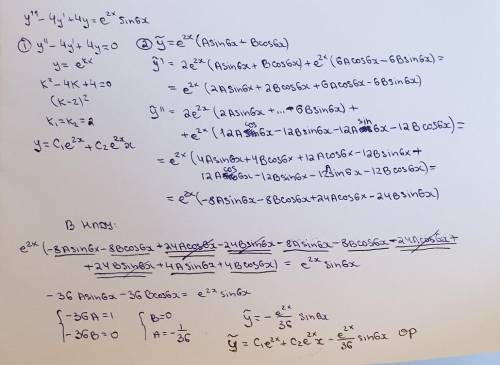 Найти общее решение дифференциального уравнения y''- 4y'+ 4y =e^2x * sin6x