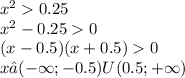 {x}^{2} 0.25 \\ {x }^{2} - 0.25 0 \\ (x - 0.5)(x + 0.5) 0 \\ x∈( - \infty ;- 0.5)U(0.5; + \infty )