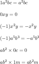 1 {a}^{2} bc = {a}^{2} bc \\ \\ 0 xy = 0 \\ \\ ( - 1) {x}^{2} y = - {x}^{2} y \\ \\ ( - 1) {a}^{5} {b}^{3} = - {a}^{5} {b}^{3} \\ \\ a {b}^{2} \times 0c = 0 \\ \\ a {b}^{2} \times 1m = a {b}^{2} m