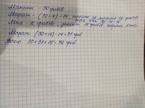 Максим, Марат и Лена ходили за грибами. Максим собрал 30 гриб(-ов), Марат собрал на 14 грибов меньше