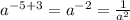 {a}^{ - 5 + 3} = {a}^{ - 2} = \frac{1}{ {a}^{2} }