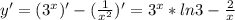 y'=(3^x)'-(\frac{1}{x^2})'=3^x*ln3-\frac{2}{x^}