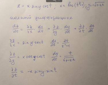 Найти частные производные сложной функции : z=x Sin y Cos t , x= ln(t^2+1), y= -корень 1-t^2