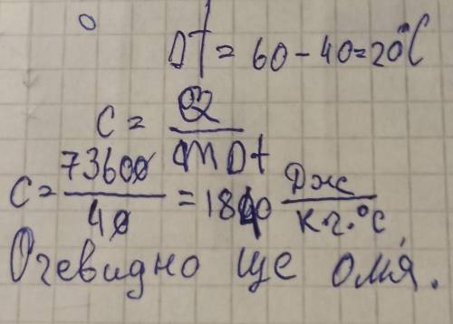 Для нагрівання деякого тіла масою 2 кг від 20 0С до 60 0С затратили 73,6 кДж енергії. З якої речовин