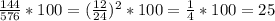 \frac{144 }{576 } *100 =(\frac{12}{24})^{2} *100 = \frac{1}{4} *100 = 25