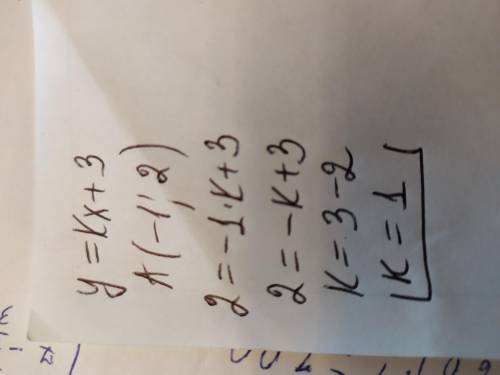 График функции y=kx+3 проходит через точку А (-1;2). Найти коэффициент k​