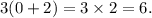 3(0 + 2) = 3 \times 2 = 6.