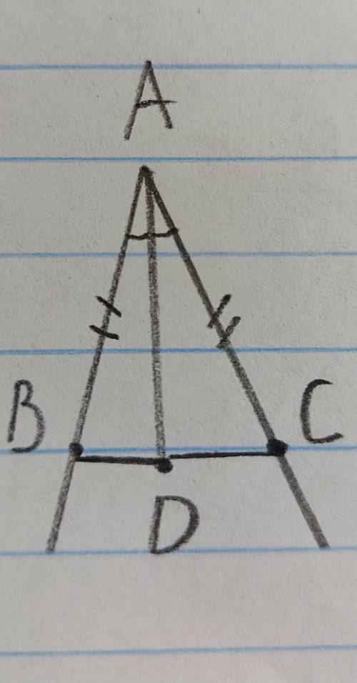 на бессектрисе угла А взята точка D ,а на сторонах этого угла-точки B и C такие,что угол ADB=углу AD