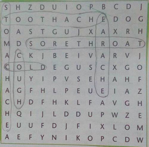 1 * What's wrong with each person?Find six illnesses in the word search.Then use these words to comp